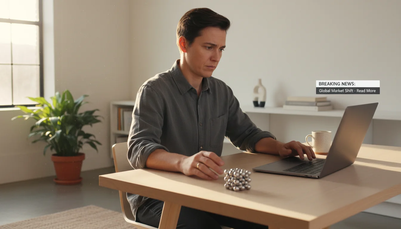 A person at a minimalist desk looks contemplatively at a laptop notification, a fidget toy nearby.
