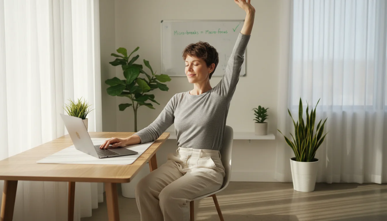 A person at a minimalist desk subtly stretches an arm, showing a satisfied expression, in a sunlit home office.