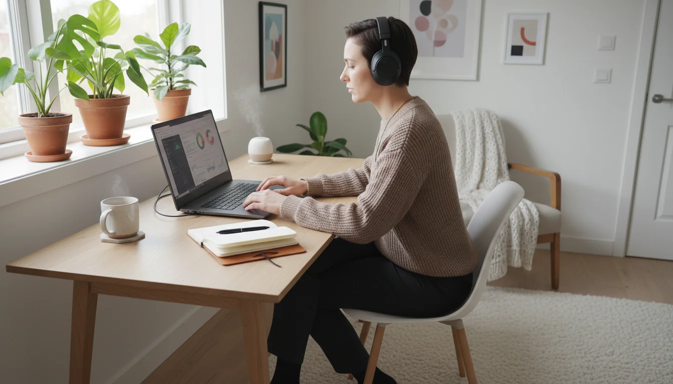 Person in noise-cancelling headphones intensely working at a clean desk with a planner showing blocked time, in a minimalist office.