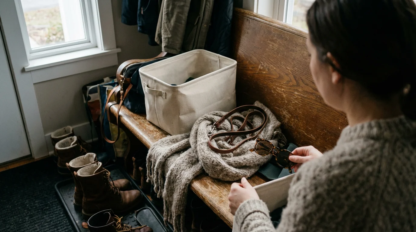 Person organizing a cluttered entryway bench with a storage bin in soft natural light.