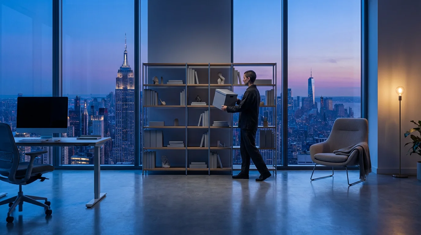 Person organizing a modern office shelf during a calm blue hour evening.