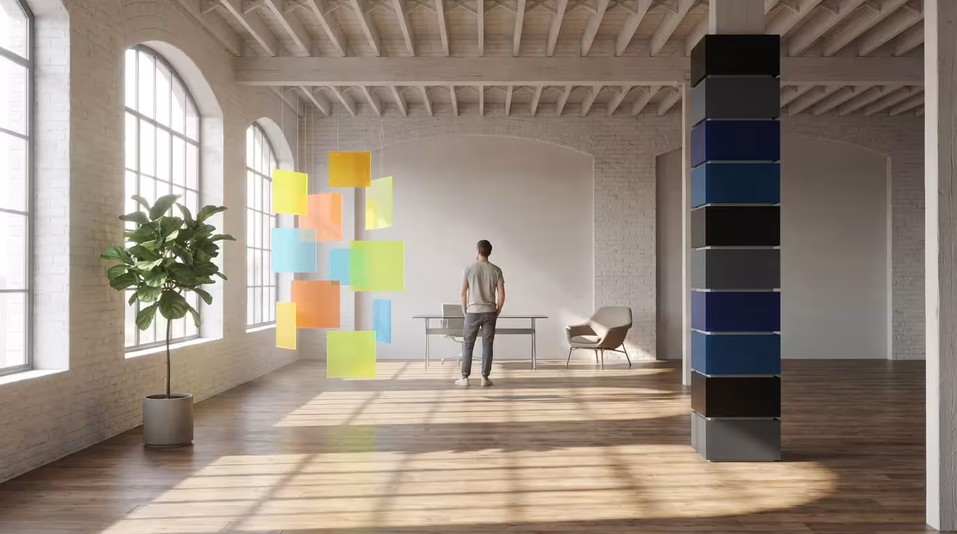 Person organizing blank colored time blocks on a wall in a sunlit modern office.