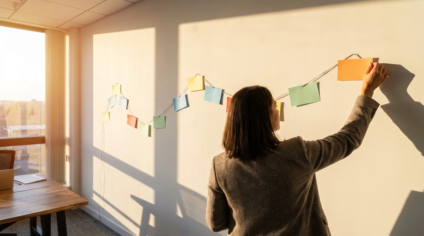 Person organizing blank index cards on a wall timeline during a golden hour sunset.