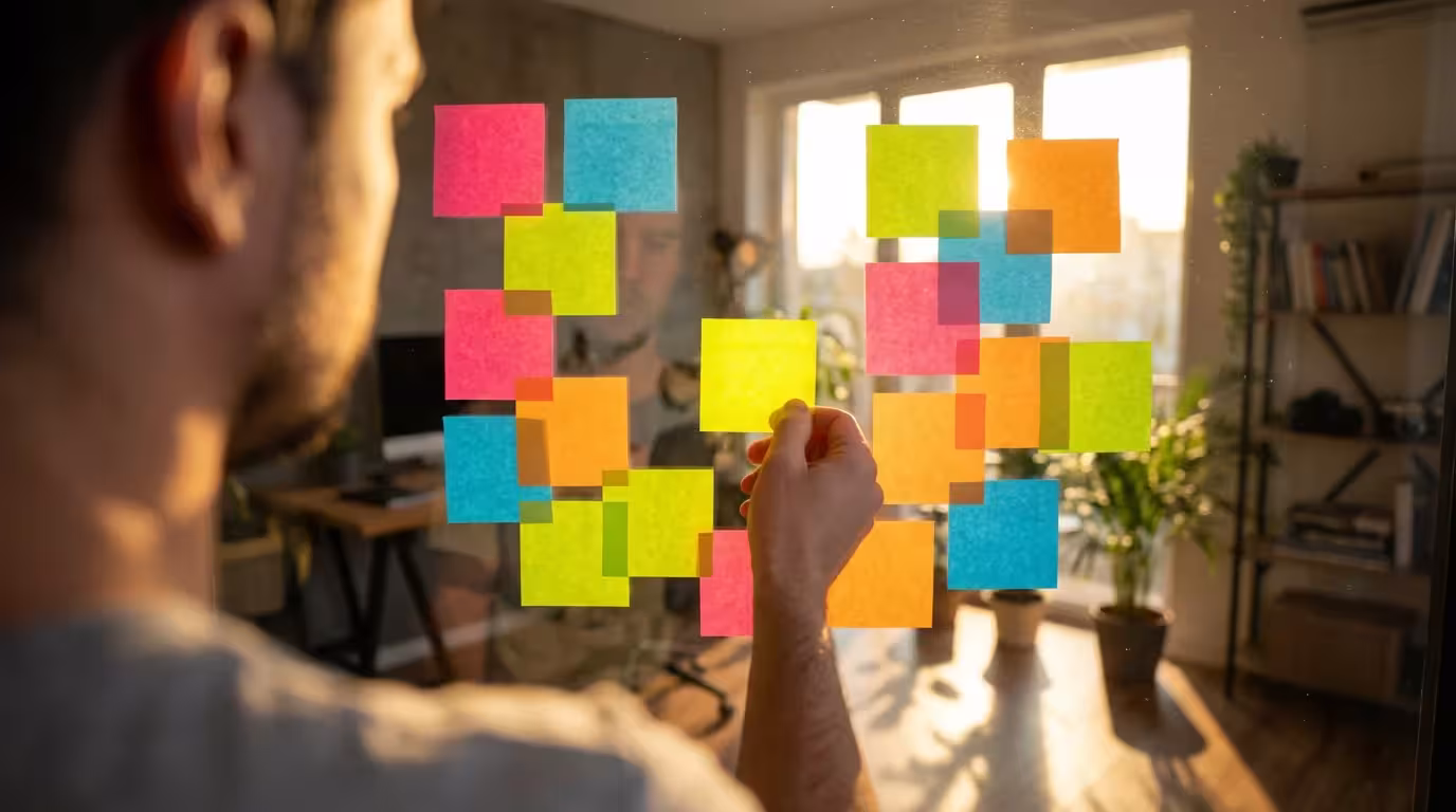 Person organizing blank sticky notes on a sunlit glass wall during golden hour.