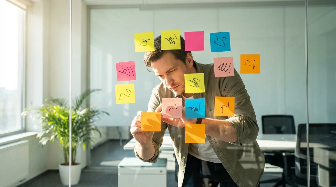 Person organizing colorful sticky notes on a glass wall to clarify project goals