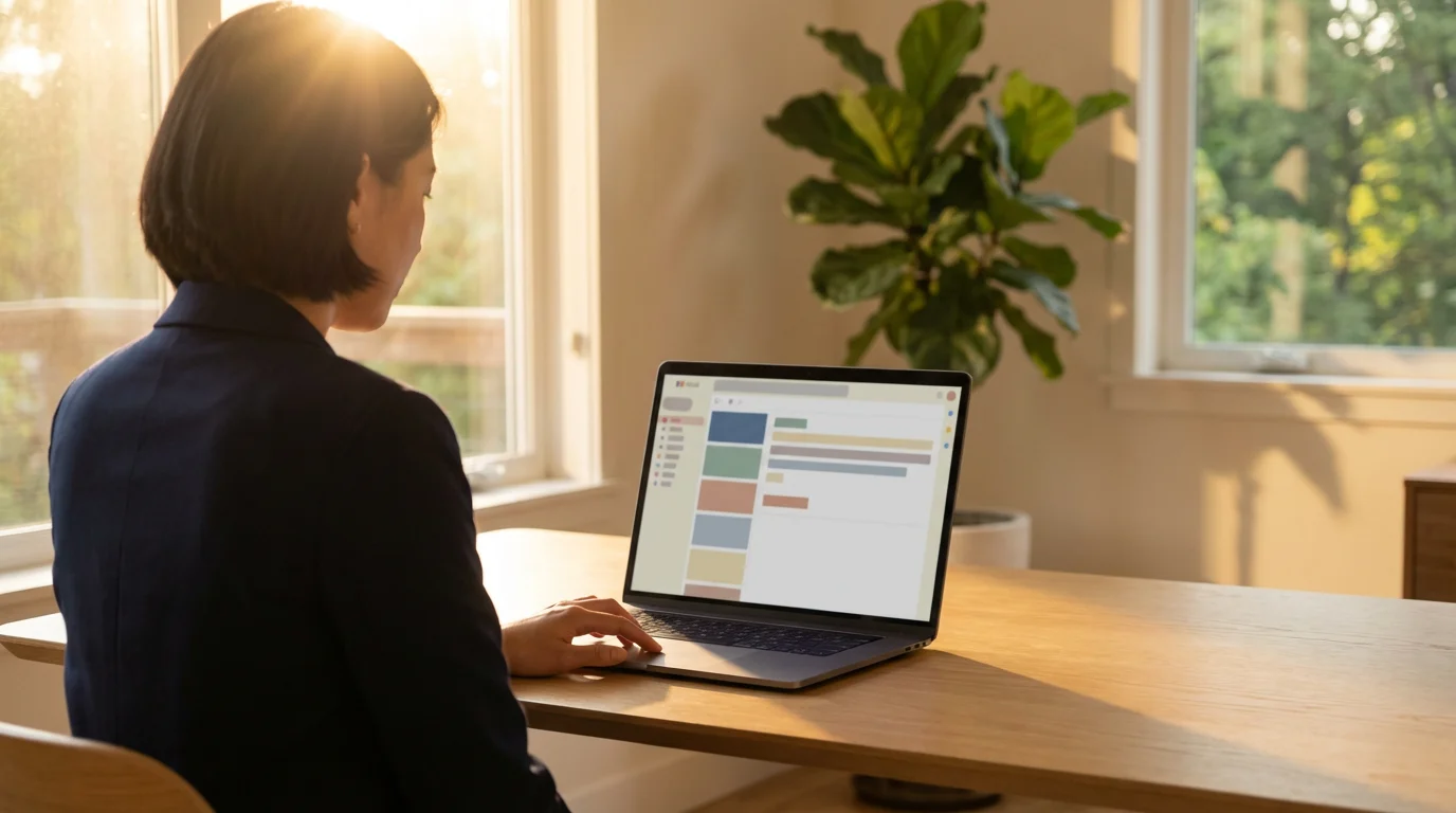 Person organizing email inbox on laptop in a sunlit modern office workspace.