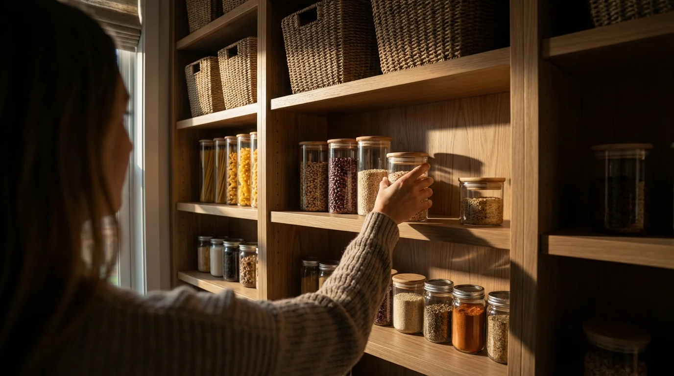 Person organizing glass jars on vertical wooden pantry shelves in moody afternoon sunlight.