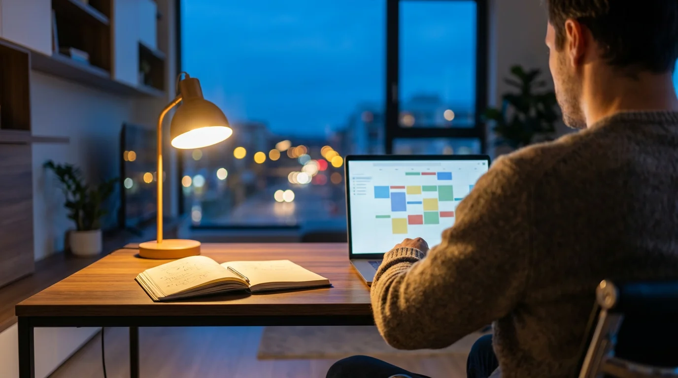 Person organizing schedule on laptop at desk during evening blue hour with city view.