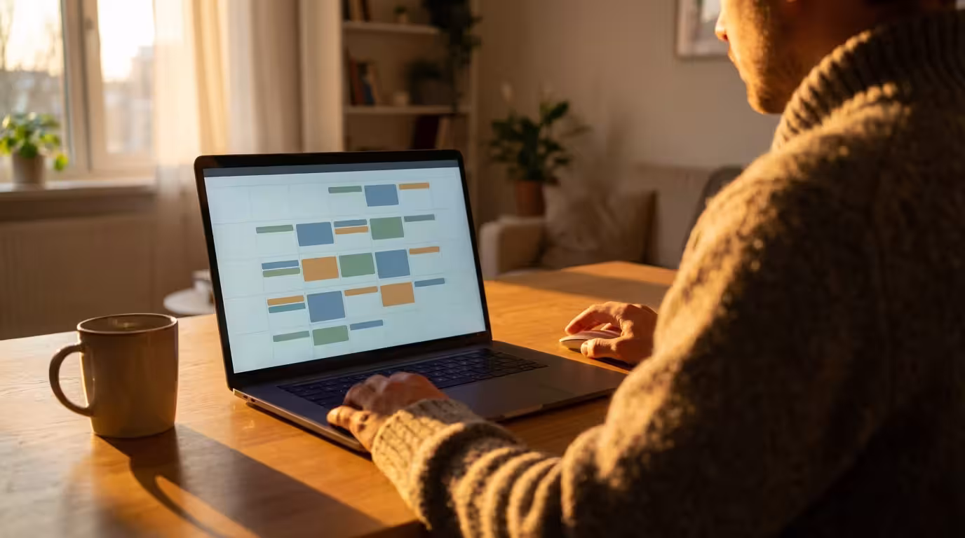 Person organizing schedule on laptop calendar during sunset with warm lighting.