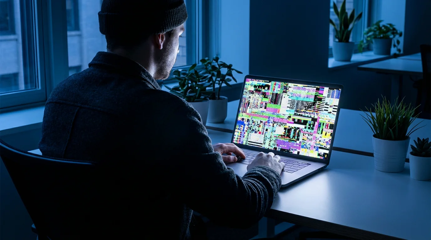 Person overwhelmed by dozens of browser tabs open on a laptop screen during blue hour lighting.