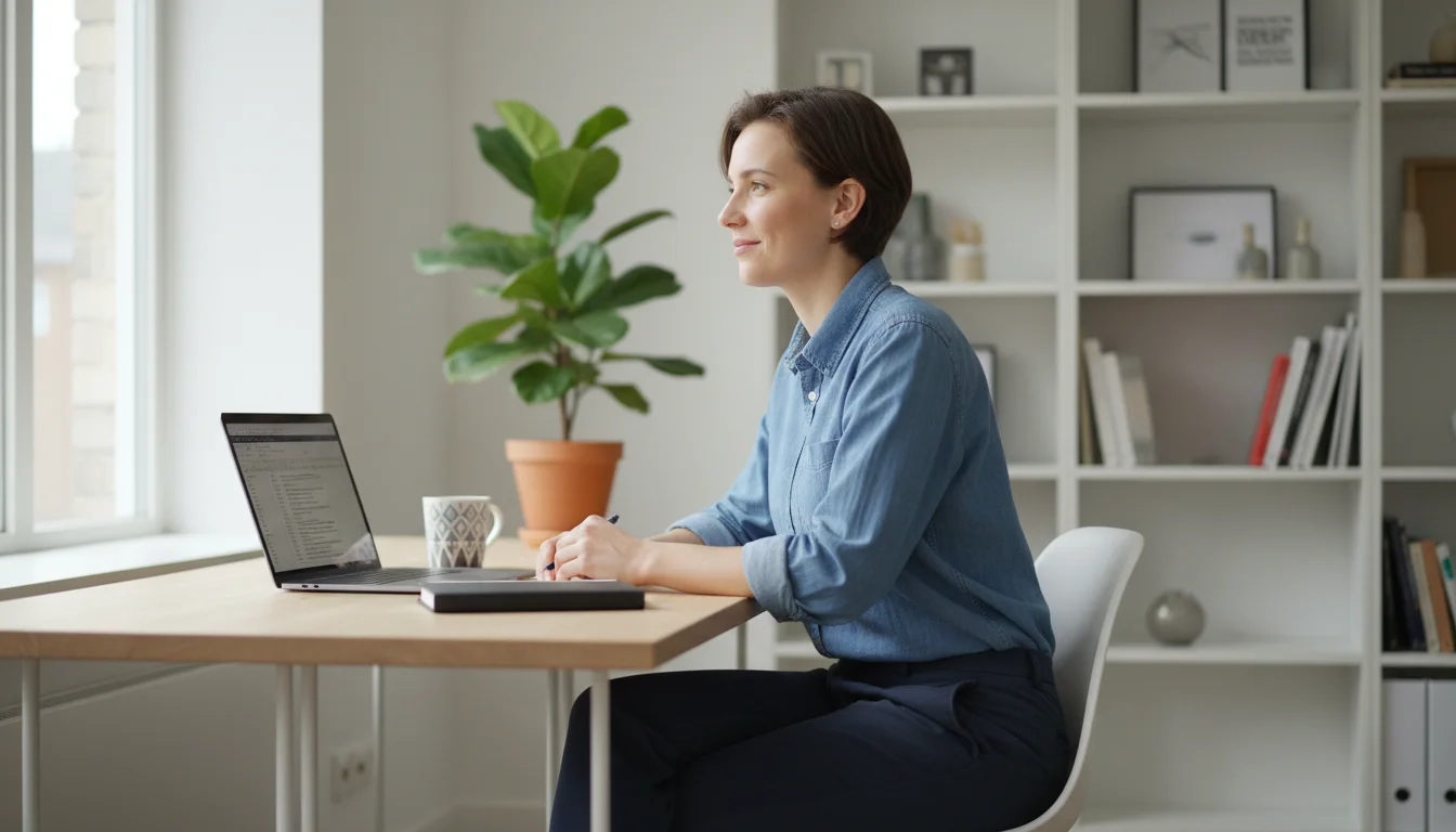 A person pauses at a minimalist light wood desk with laptop, water, and a plant, reflecting during their workday.