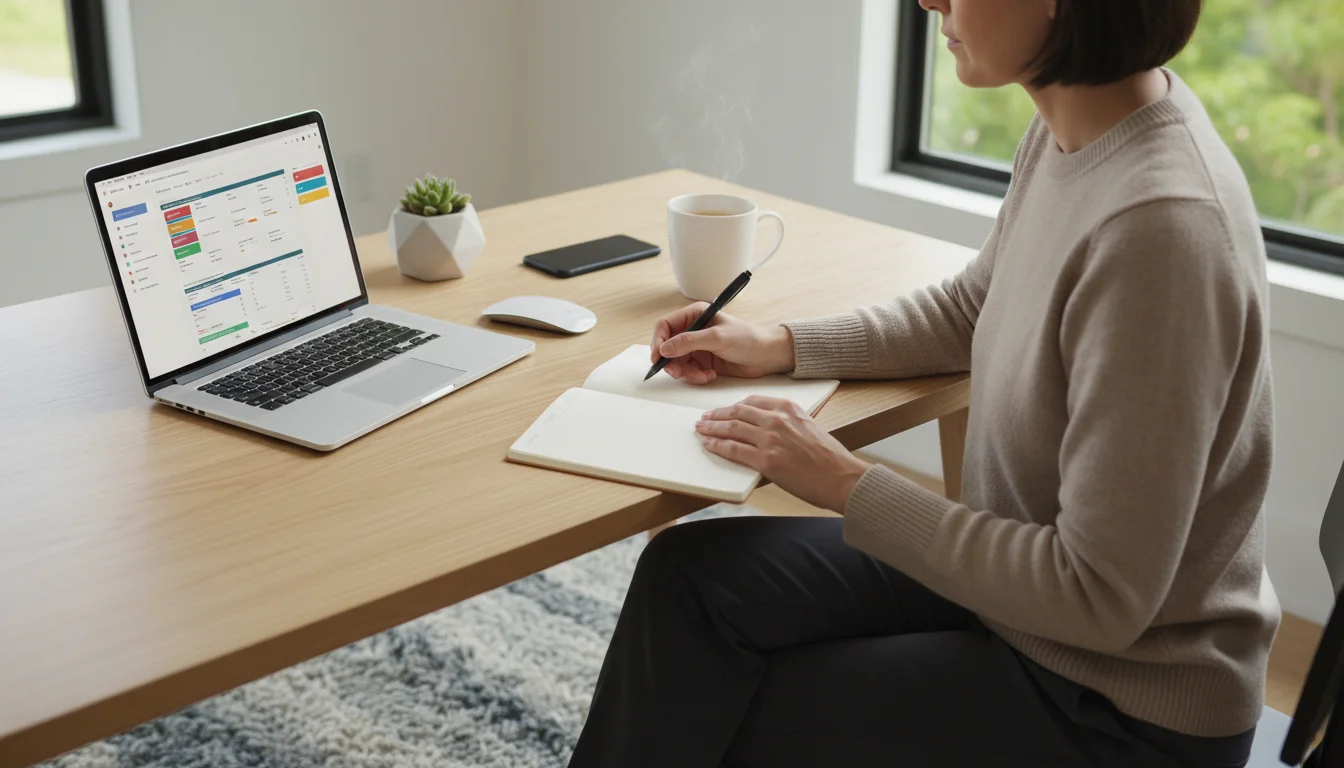 A person pauses at a minimalist, organized desk, looking up thoughtfully with a pen in hand, a laptop open nearby.