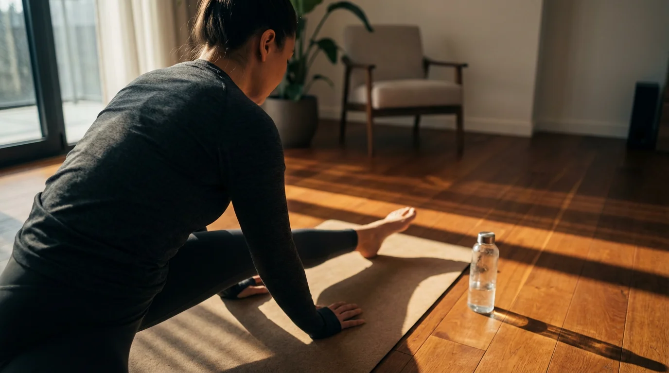 Person performing a quick stretch on a mat, linking a new small habit to an existing routine.