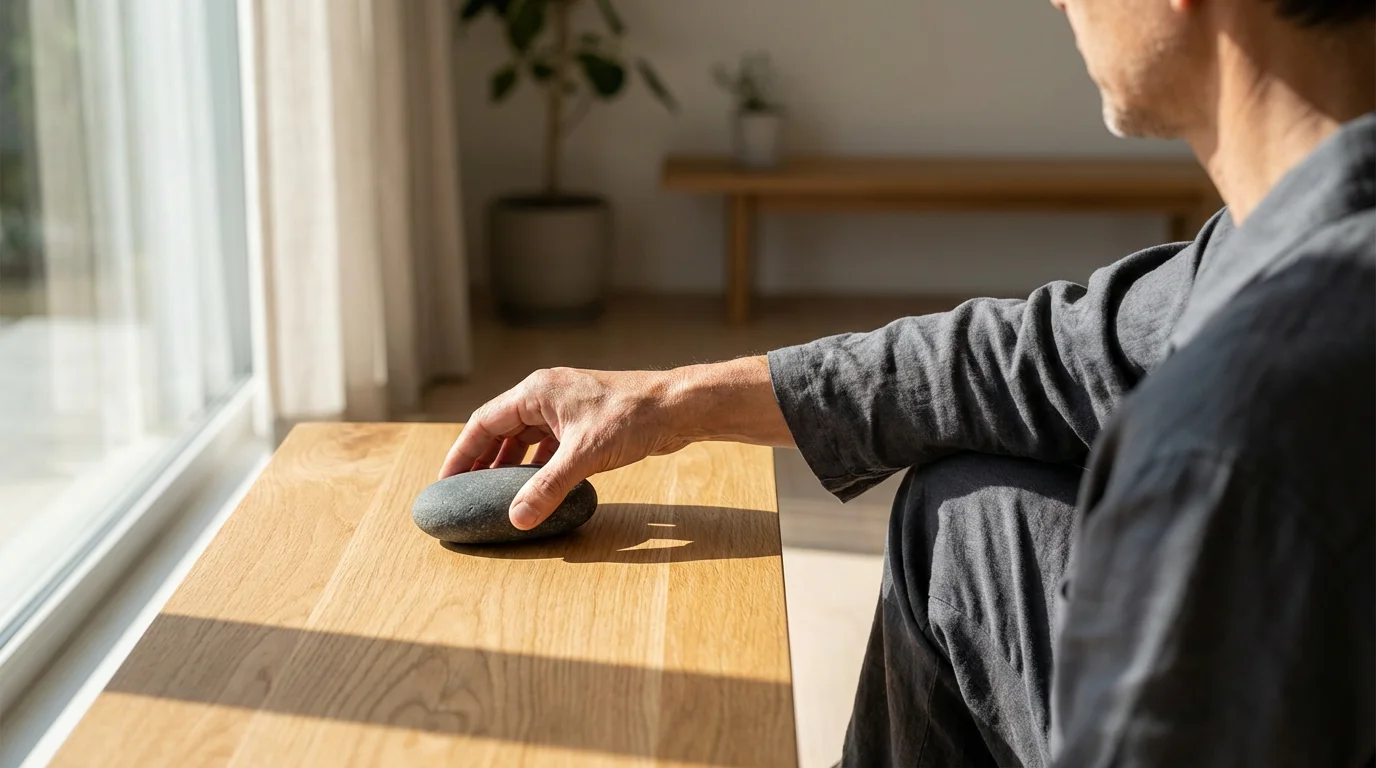 Person placing a smooth river stone onto a sunlit wooden shelf, symbolizing the start of mindful living.