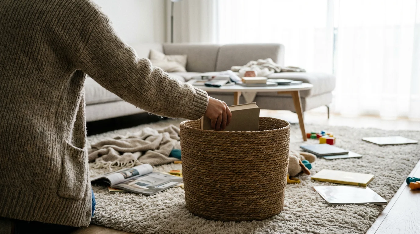 Person placing living room clutter into a woven basket for a quick home reset.