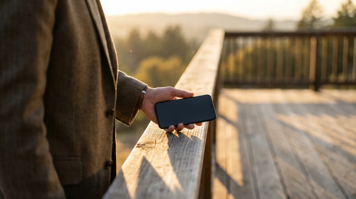 Person placing smartphone face down on deck railing during sunset to disconnect.