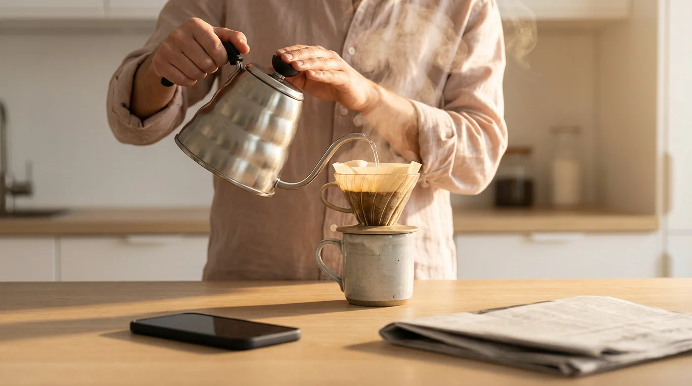Person pouring coffee mindfully, framed by soft morning light, next to a face-down smartphone.