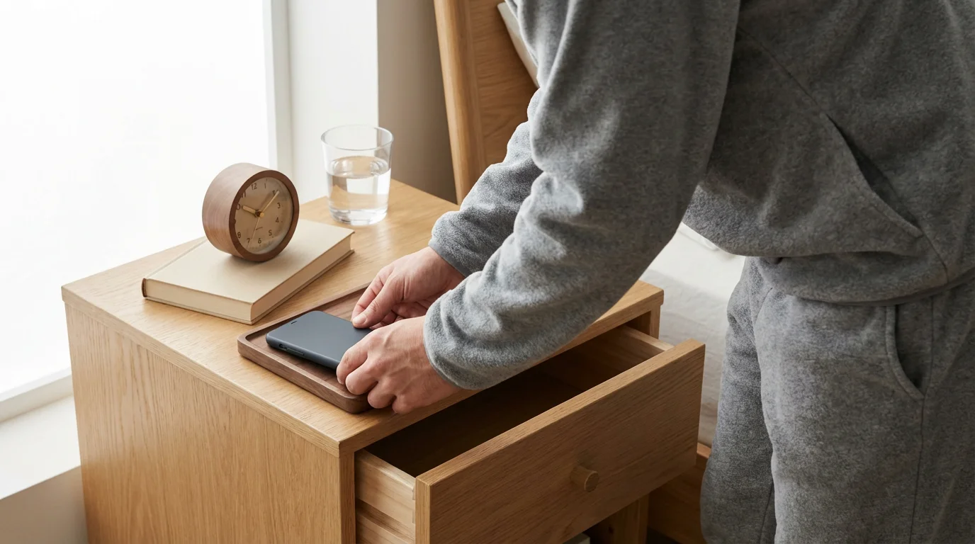 Person putting a smartphone screen-down on a minimalist nightstand to prepare for sleep.