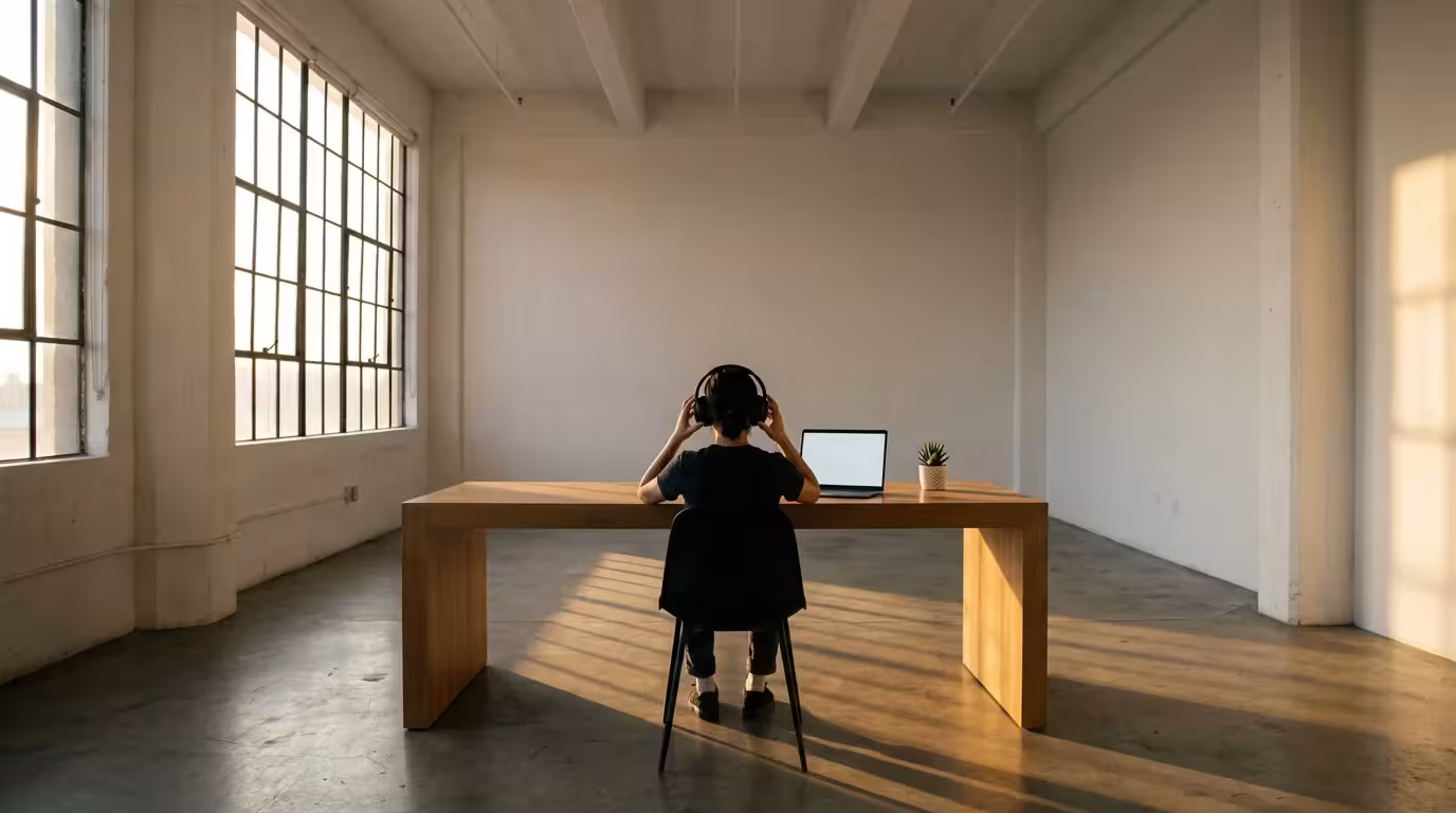Person putting on headphones at a clean desk in a sunlit modern office workspace.