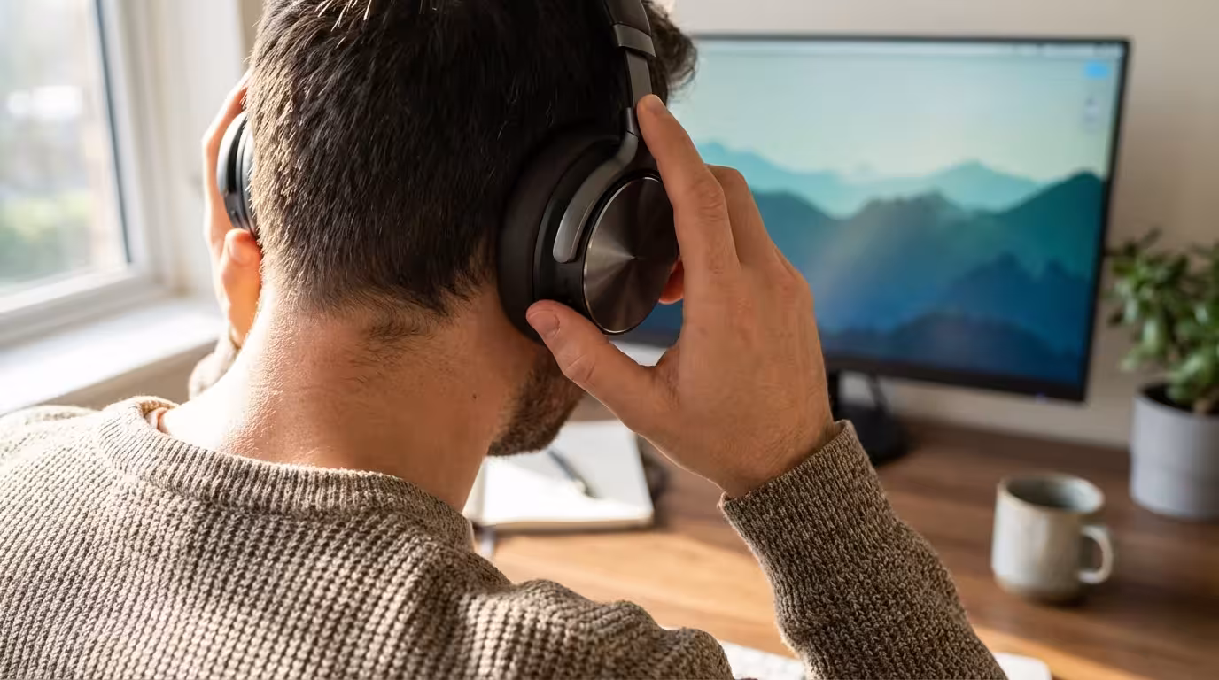 Person putting on headphones at desk to start deep work ritual.