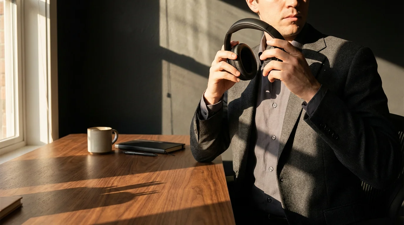 Person putting on noise-canceling headphones to start a deep work ritual at a desk.
