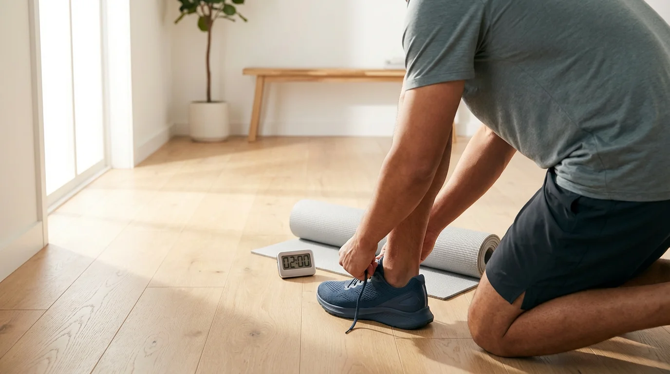 Person putting on running shoes, habit stacking a yoga mat in soft morning light.