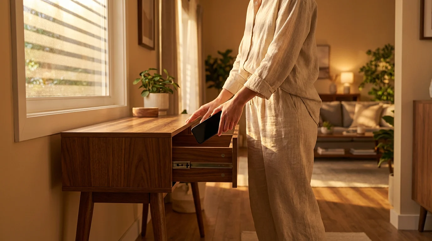 Person putting phone away in drawer during golden hour preparation for digital sabbath.