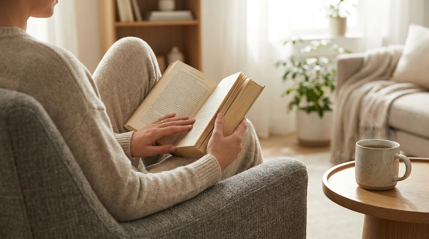 Person reading a book in a cozy armchair, practicing a screen-free evening ritual.