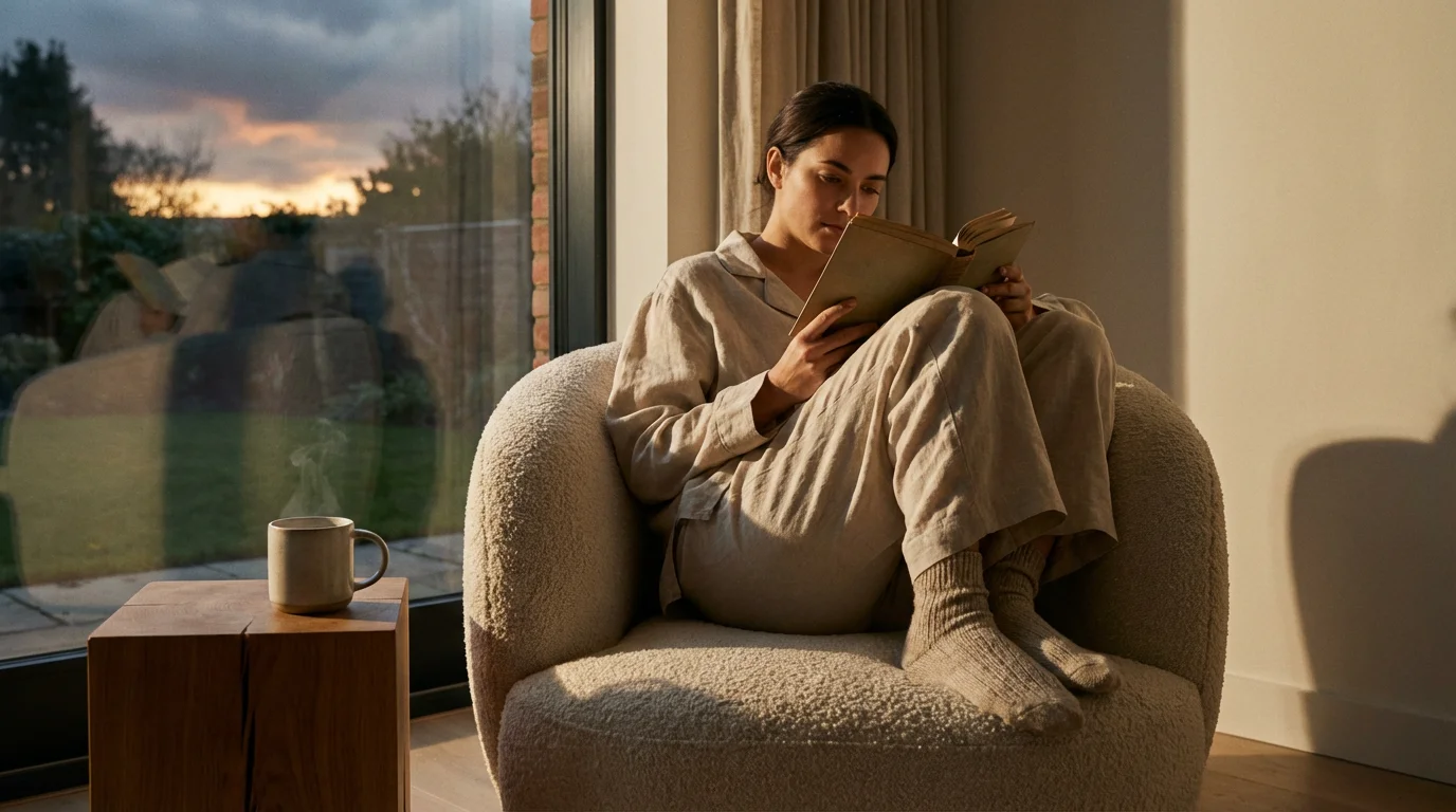 Person reading a physical book in a cozy armchair during a moody, screen-free evening routine.