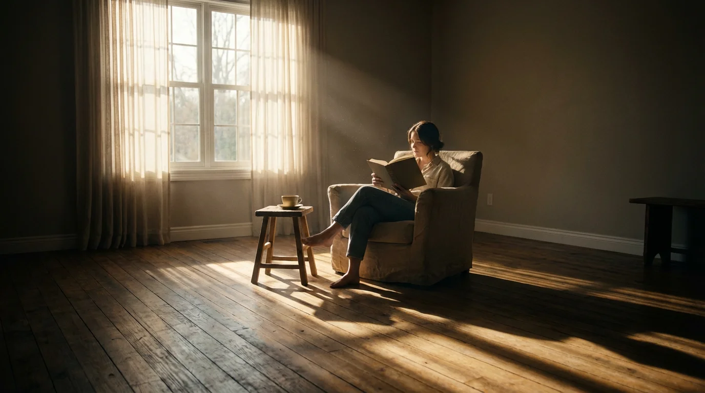 Person reading book in sunlit living room during screen-free digital detox afternoon.