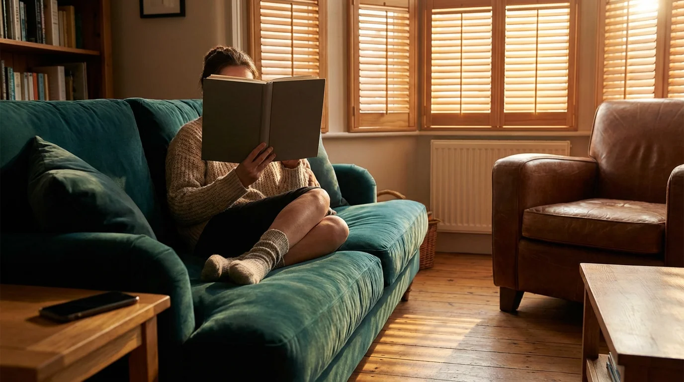 Person reading book on sofa with phone face down during moody afternoon light.