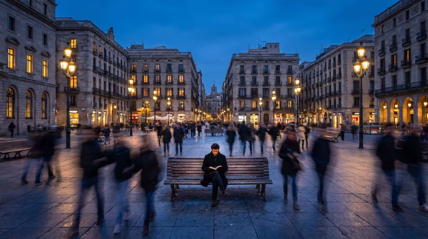 Person reading on bench in busy city plaza at dusk with blurred crowd