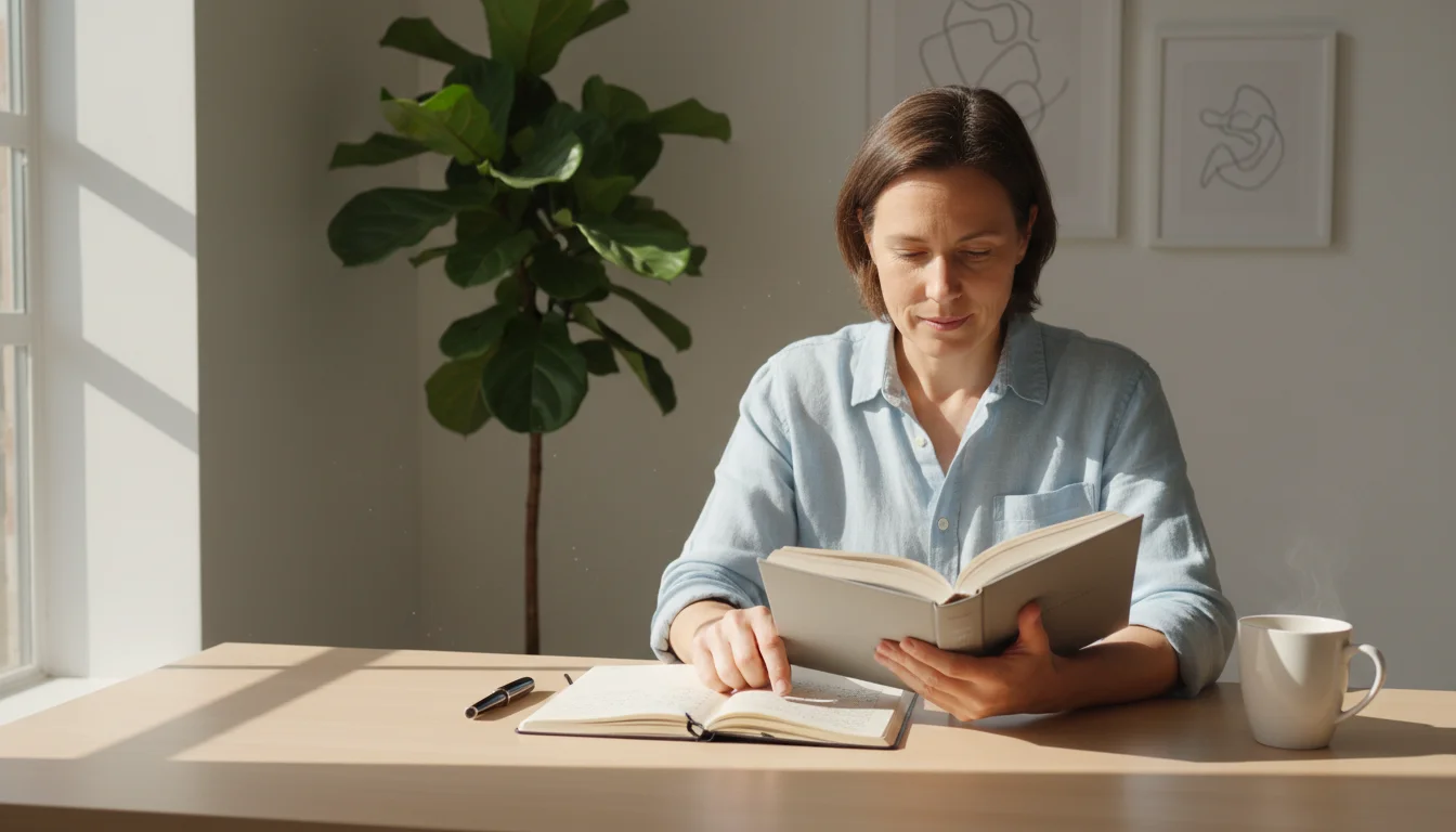 A person reads a book at a clean, organized light-wood desk with a notebook, pen, coffee mug, and plant in morning light.