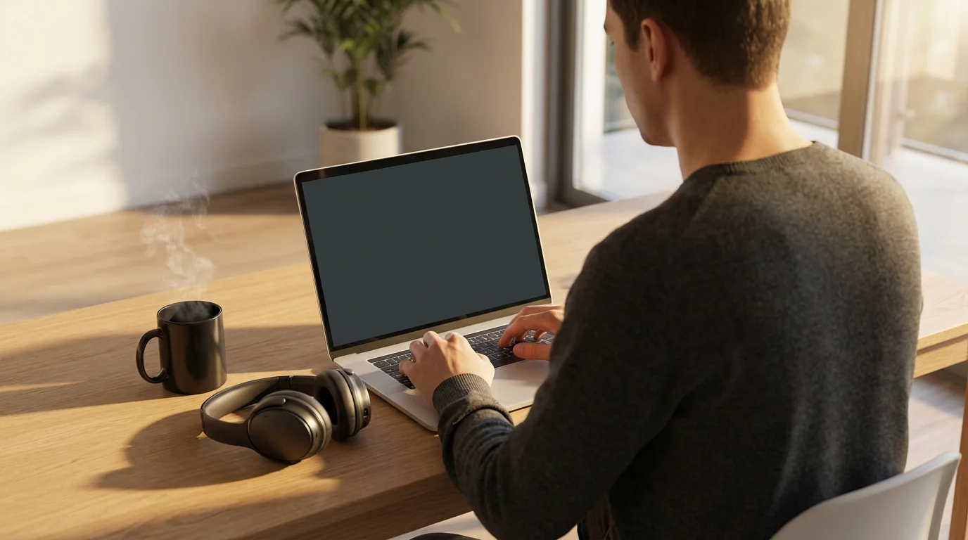 Person ready to start work at an organized desk during warm golden hour light.
