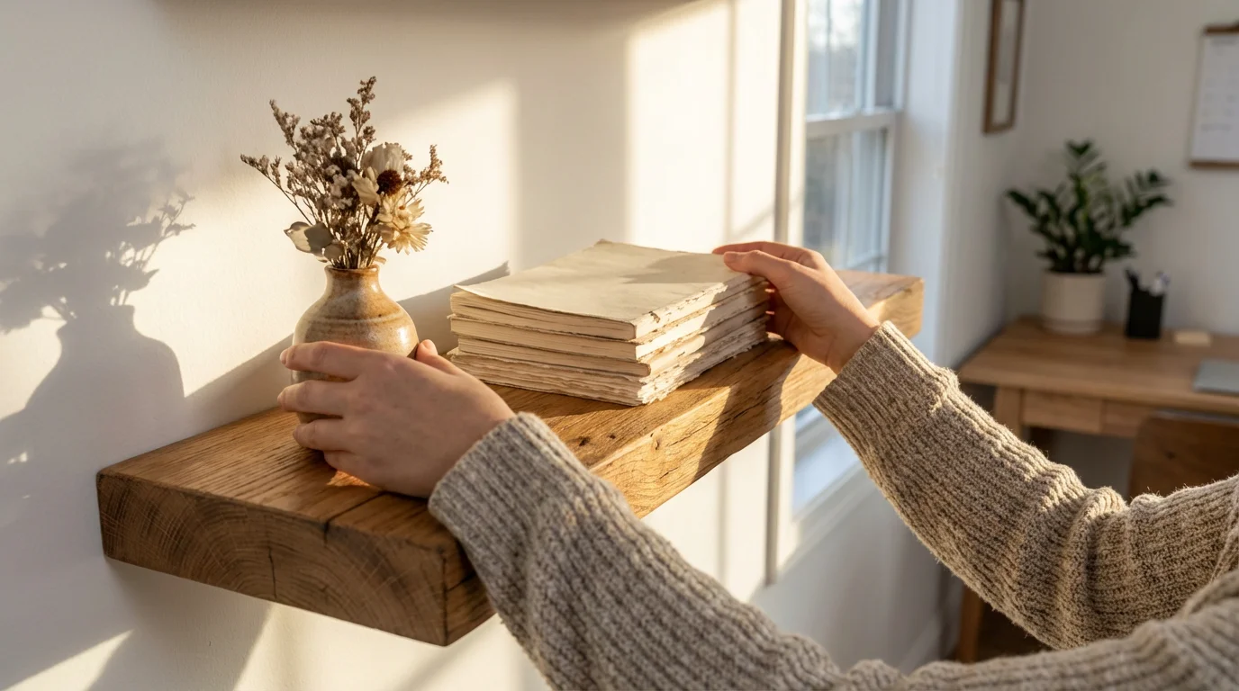Person rearranging bookshelf items during golden hour to make habits more visible.