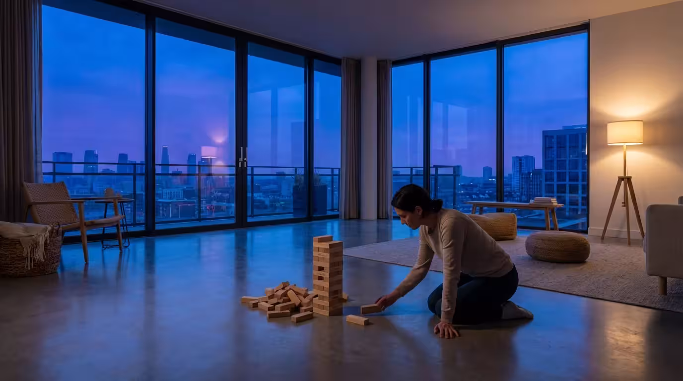 Person rebuilding wooden block tower on floor in modern apartment during blue hour evening.