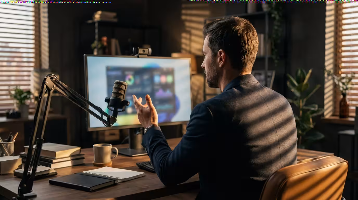 Person recording a video message at a desk in moody afternoon lighting, over-the-shoulder view.