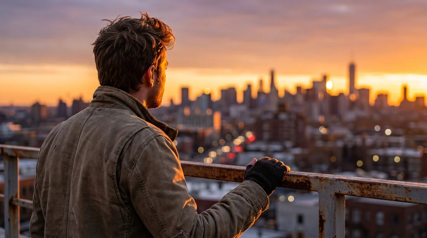 Person reflecting on a rooftop terrace during sunset, symbolizing self-awareness and introspection.