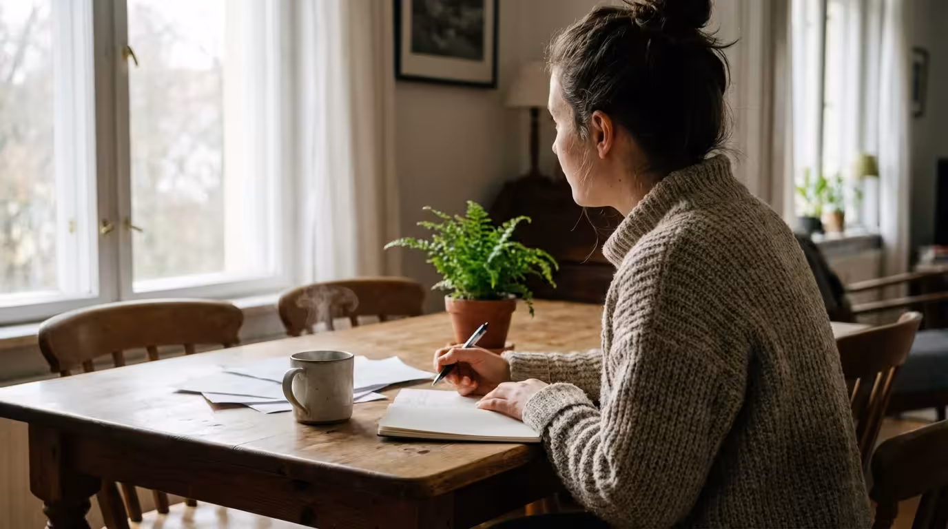 Person reflecting over a notebook at a table in soft morning sunlight.