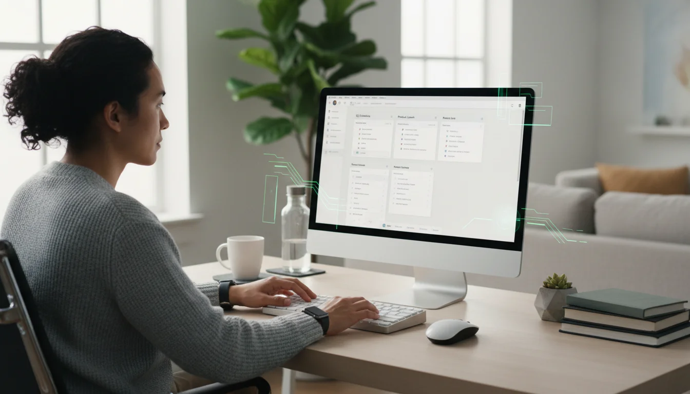 A person with relaxed hands at a clean desk, a monitor displaying a Notion workflow with abstract, glowing neural pathways indicating mental automatio