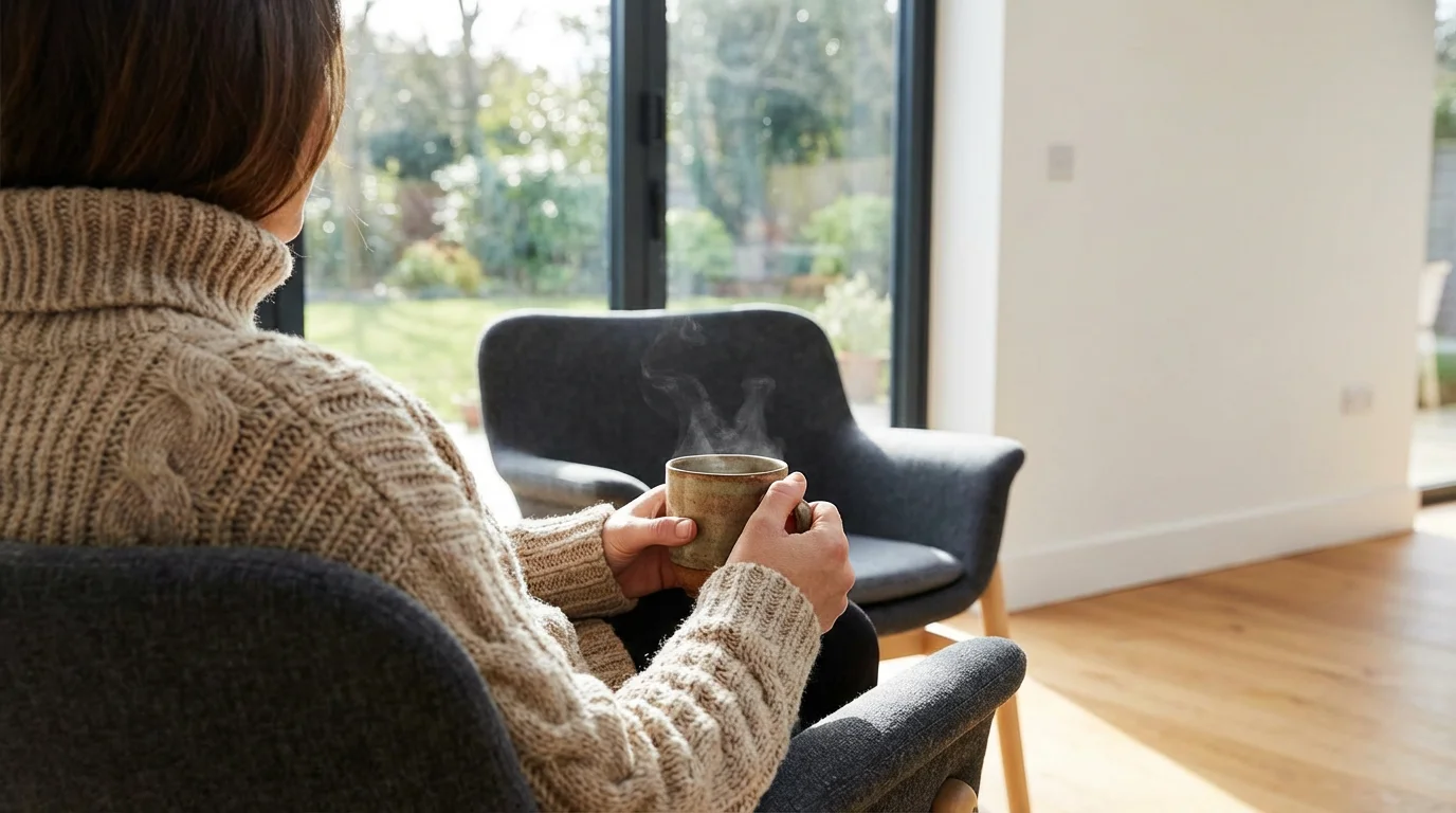 Person relaxing in a clean minimalist room holding a mug and looking out a window.