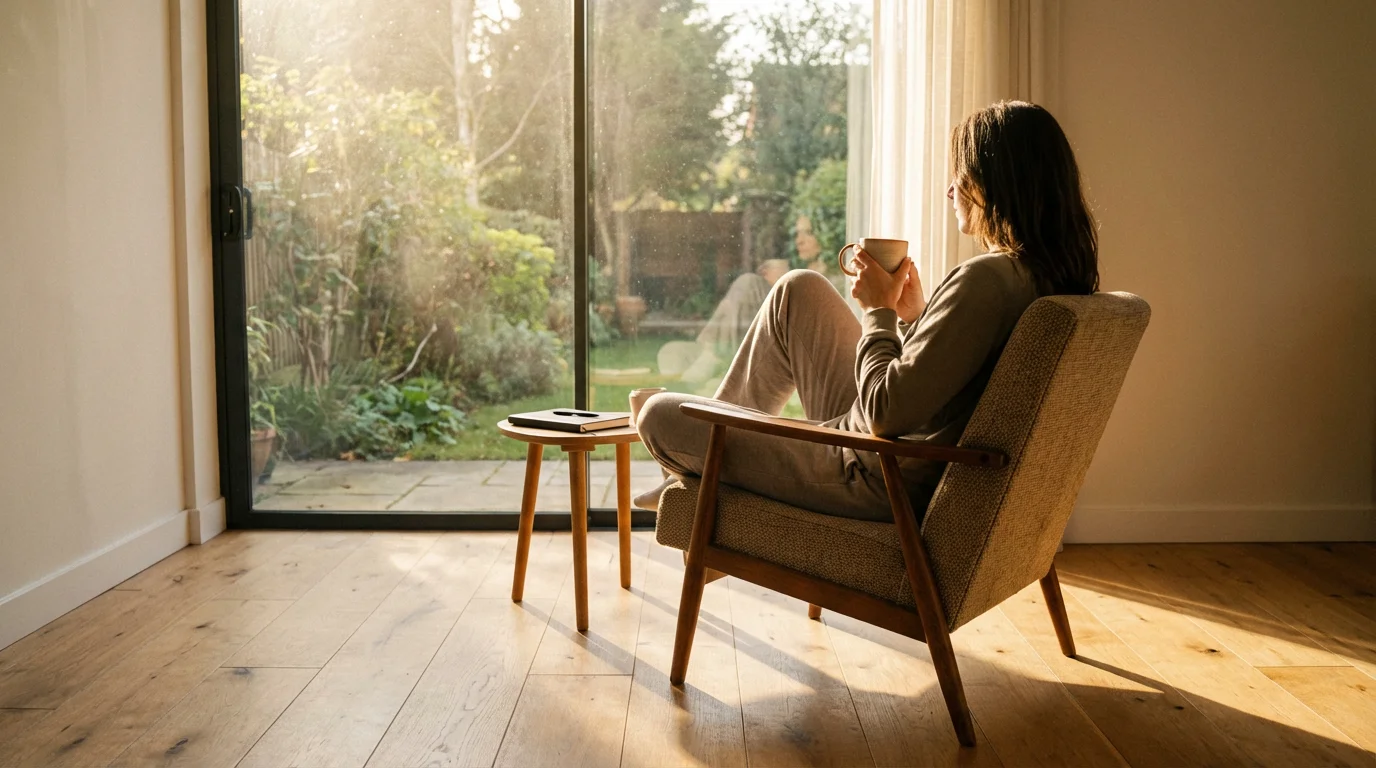 Person relaxing in armchair holding a mug next to a sunny window in a modern room.