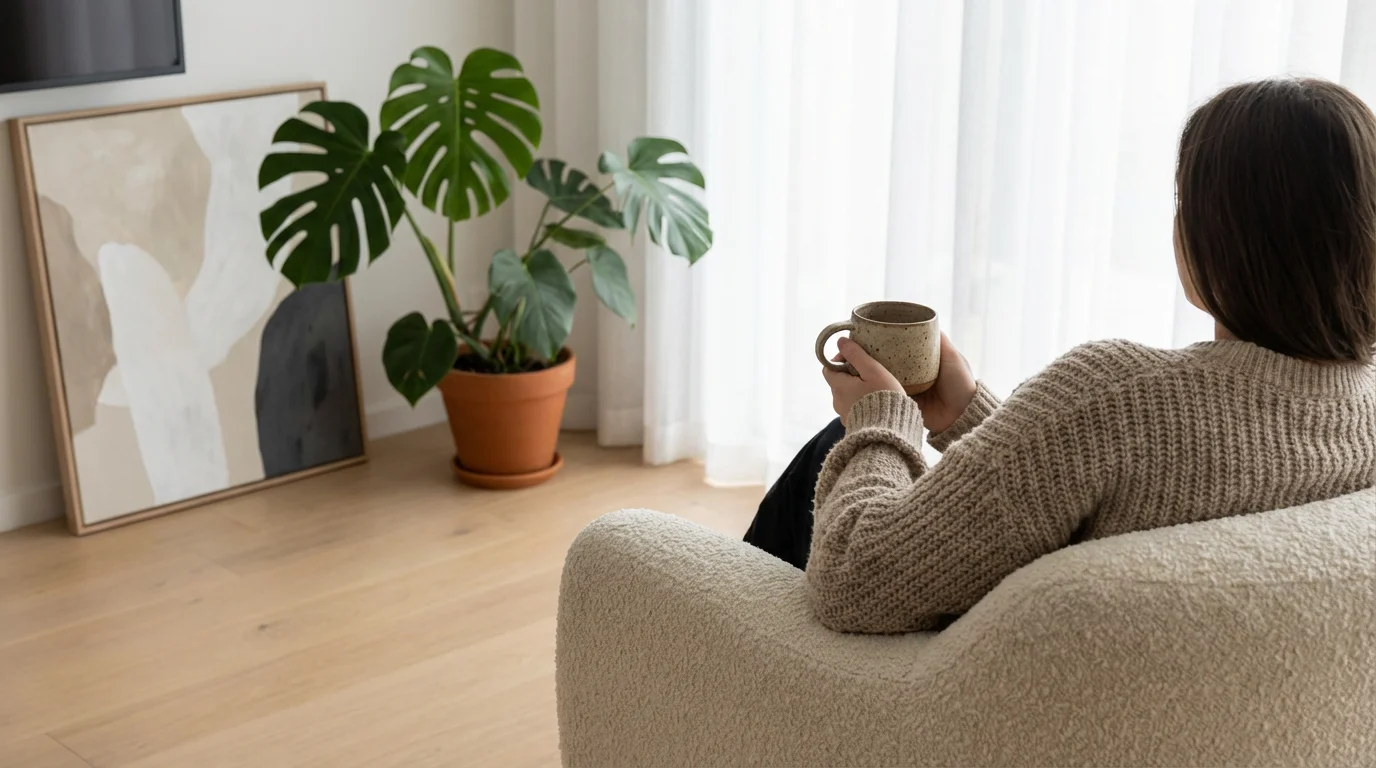 Person relaxing in armchair holding tea in a minimalist, bright living room corner.