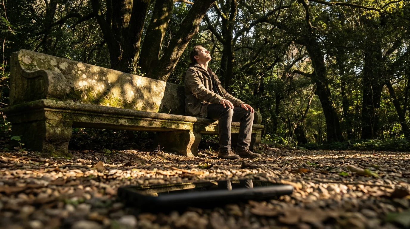 Person relaxing in deep shadows, deliberately ignoring a face-down smartphone.