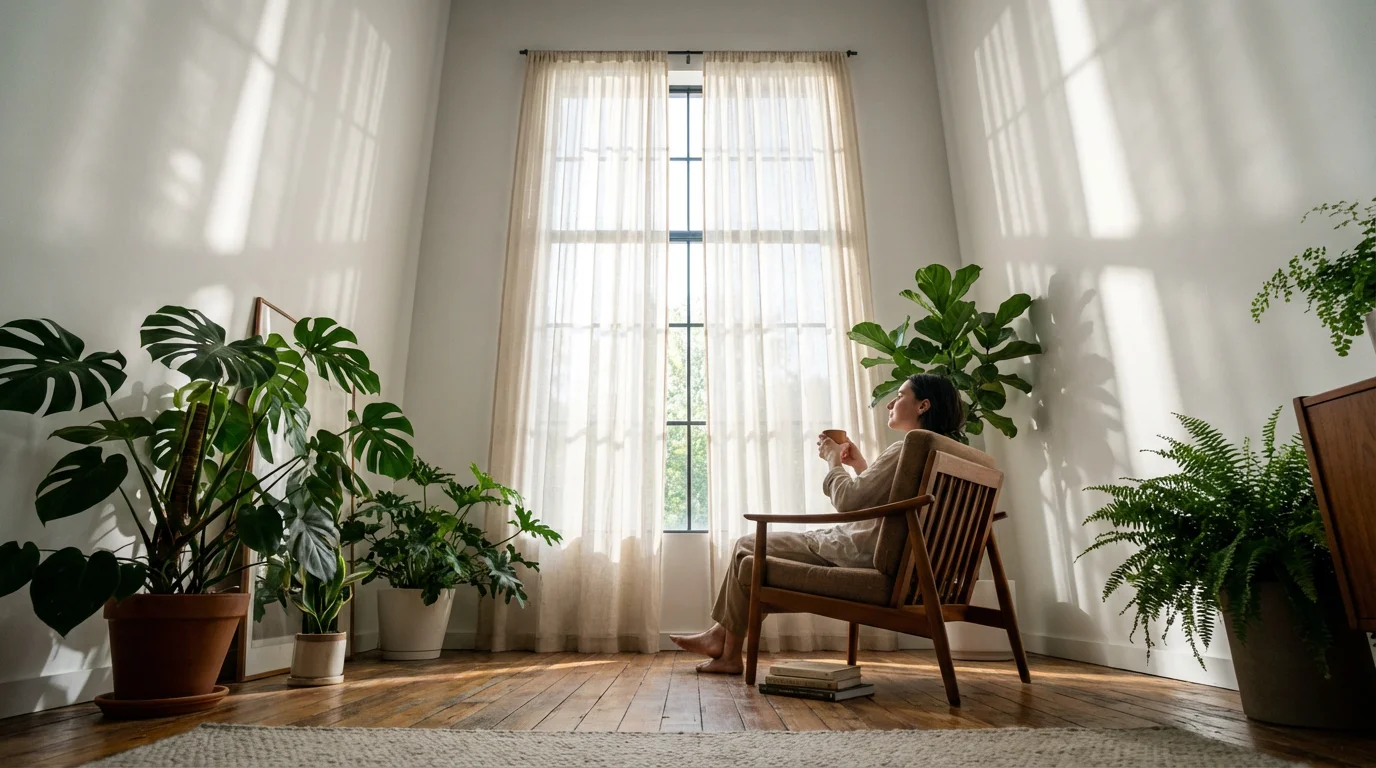 Person relaxing in sunny chair with mug of tea in plant-filled room