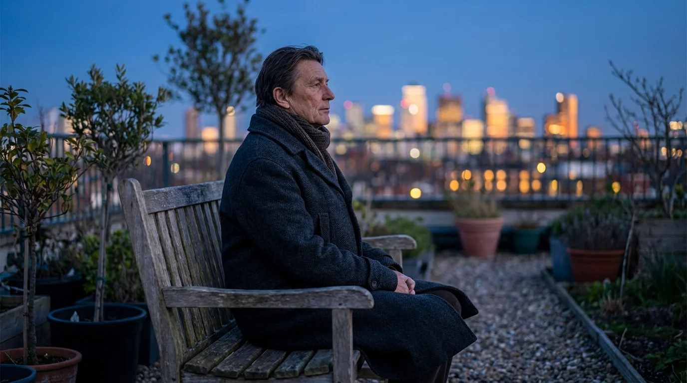 Person relaxing on rooftop bench at dusk with city skyline in background.