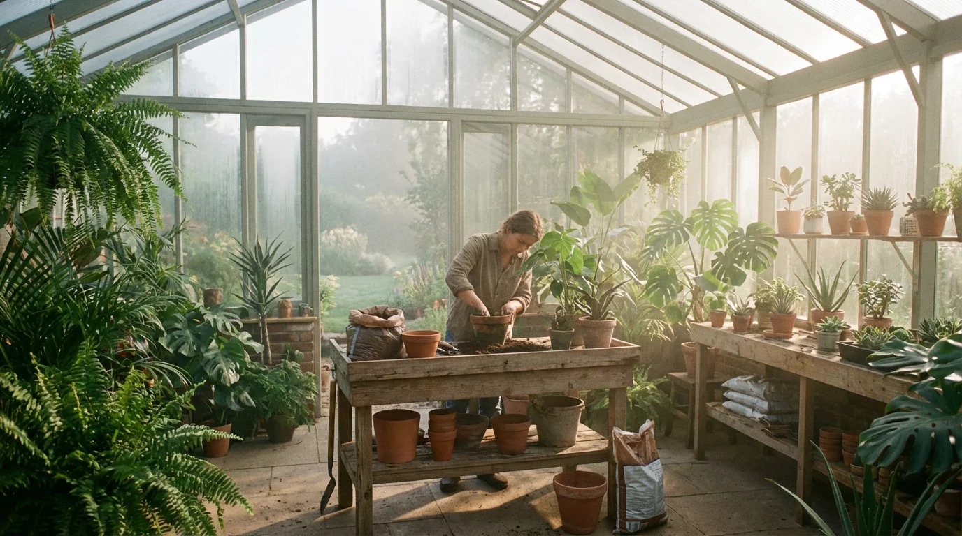 Person repotting plants in a sunlit greenhouse during a digital detox morning.