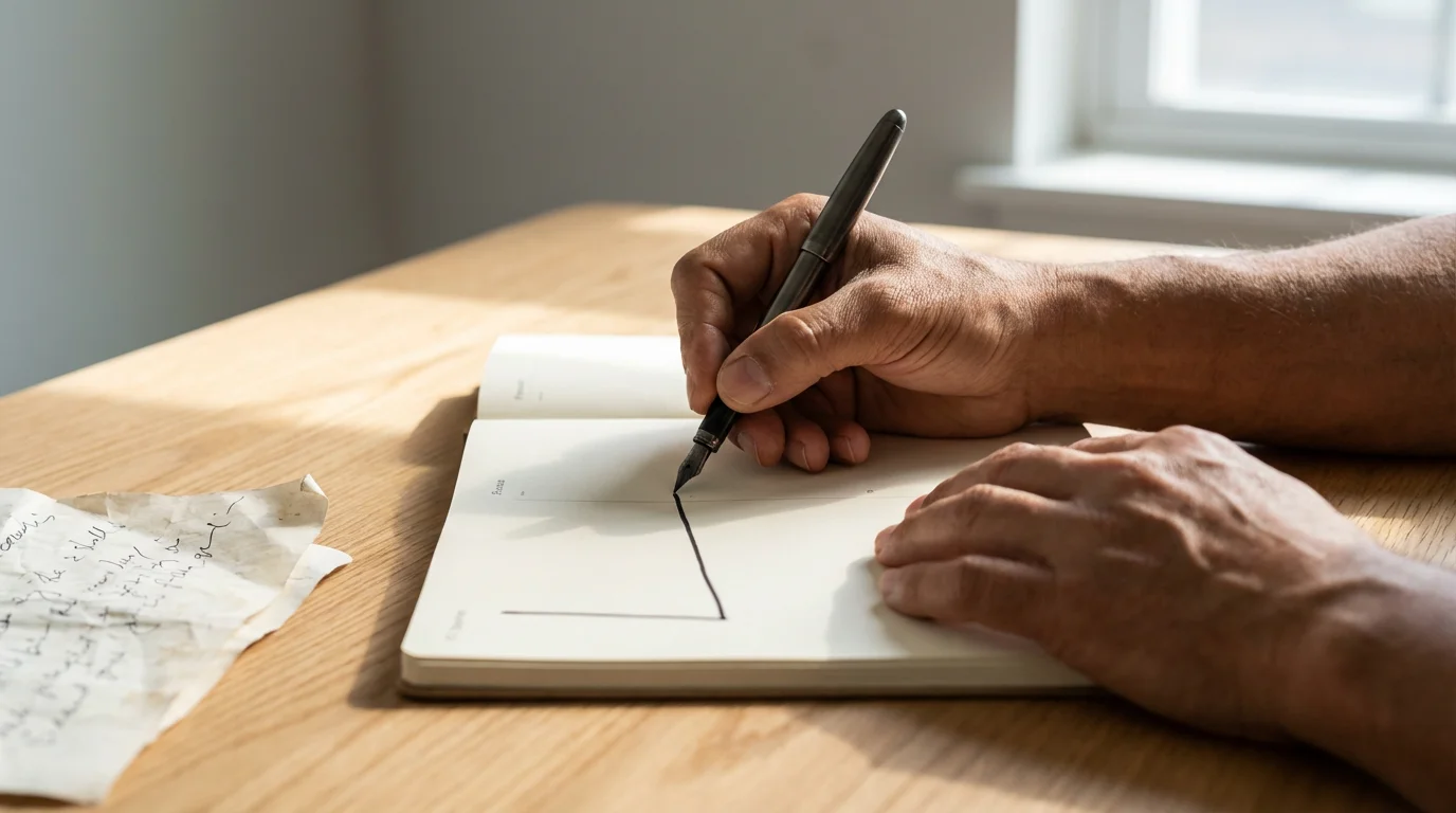 Person restarting a routine by writing in a planner after experiencing a setback, lit by window light.