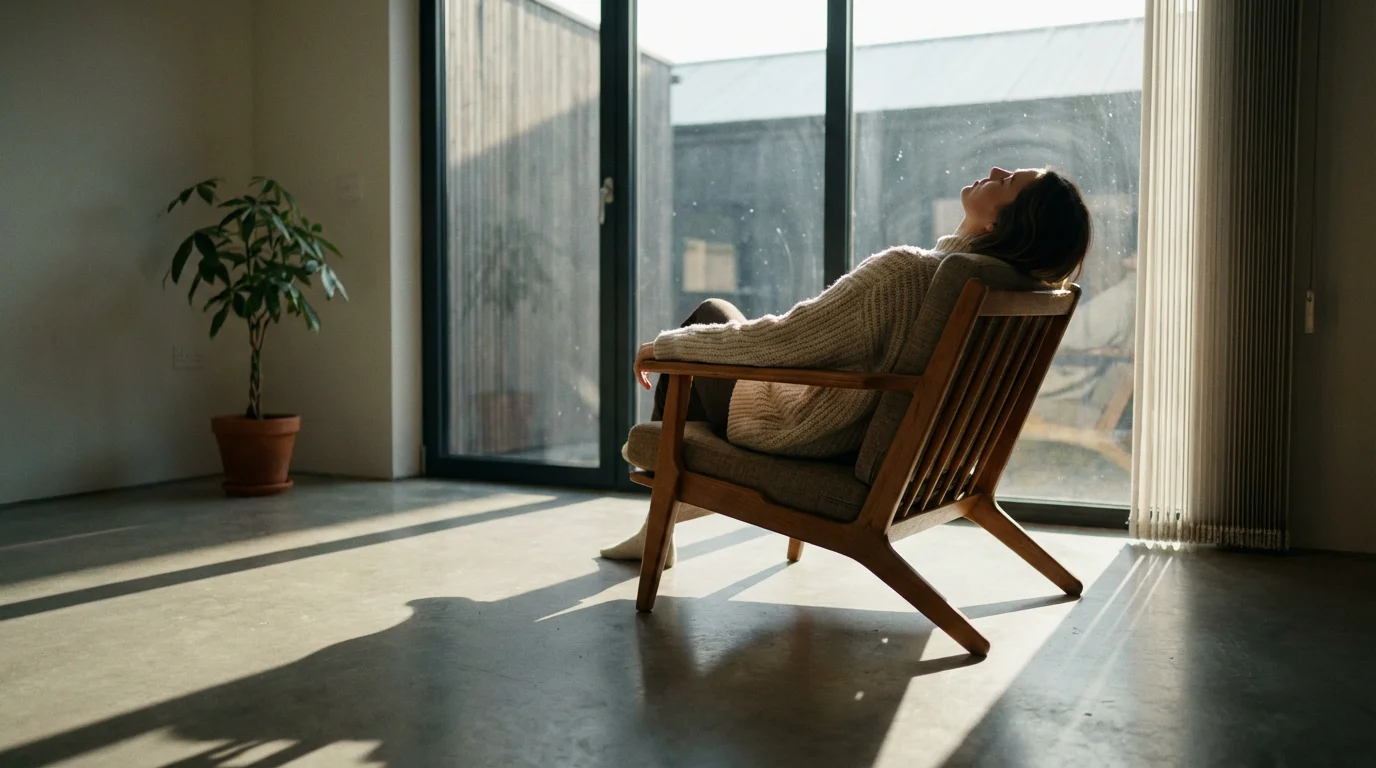 Person resting in a lounge chair next to a window with dramatic afternoon shadows.