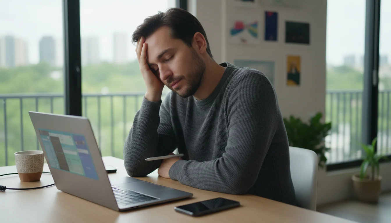 A person rests their head on their hand at a minimalist desk, looking tired. A smartphone on the desk shows a low battery icon, next to a laptop with 